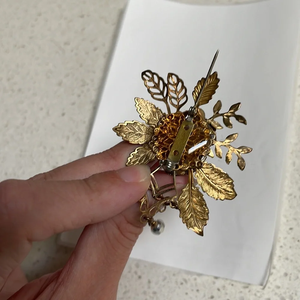 Vintage Gold Floral Rose Brooch with Chain and Clear Crystal